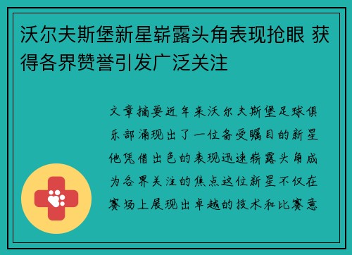 沃尔夫斯堡新星崭露头角表现抢眼 获得各界赞誉引发广泛关注