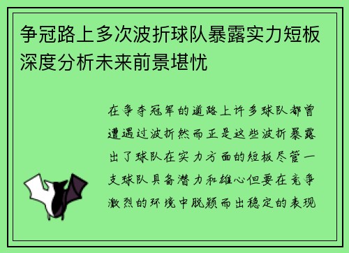 争冠路上多次波折球队暴露实力短板深度分析未来前景堪忧