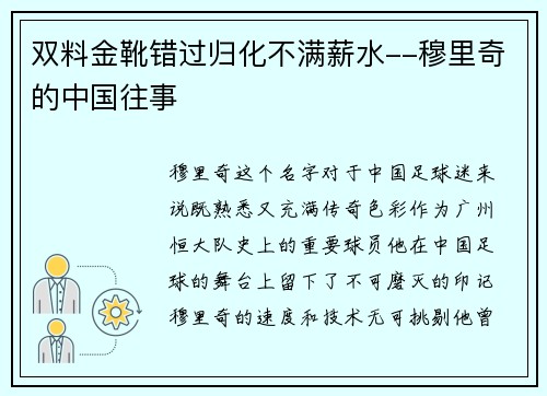 双料金靴错过归化不满薪水--穆里奇的中国往事