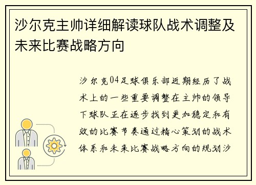 沙尔克主帅详细解读球队战术调整及未来比赛战略方向